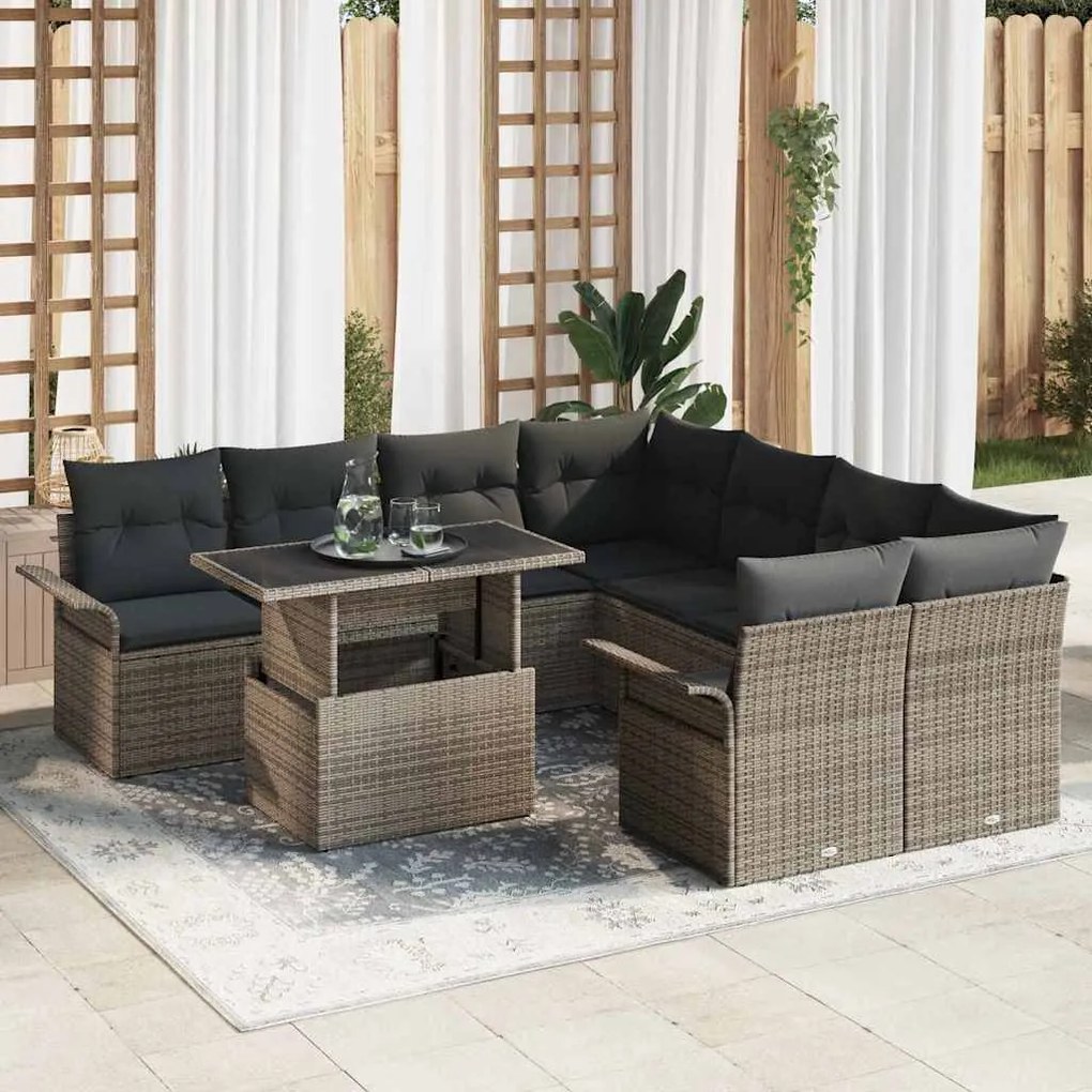vidaXL Conjunto de Sofá de Jardim de 9 Peças com Almofadas em Cinza Polirattan