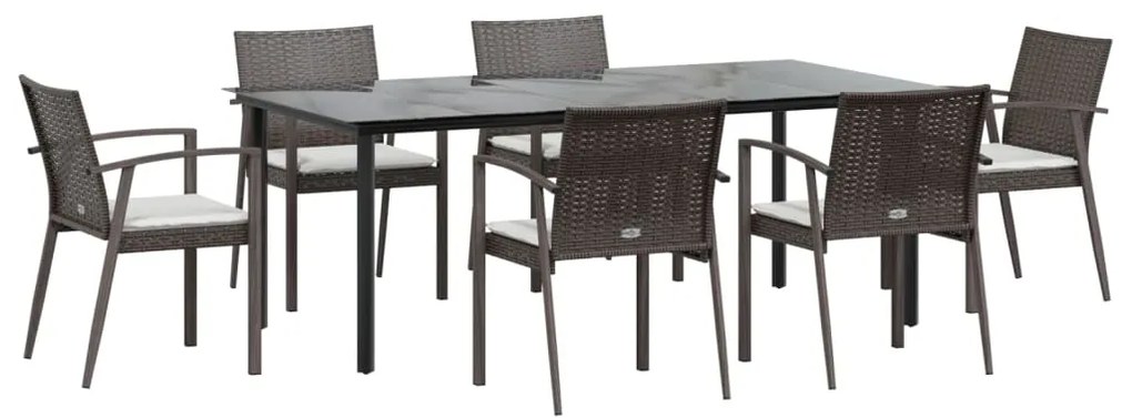 7 pcs conjunto de jantar p/ jardim c/ almofadões vime PE e aço