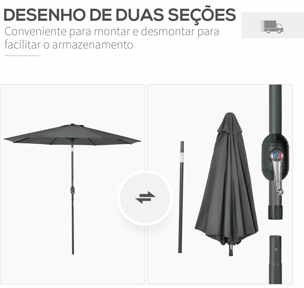 Chapéu de Sol Ø264x253cm com Proteção UV+50 Chapéu de Sol de Alumínio