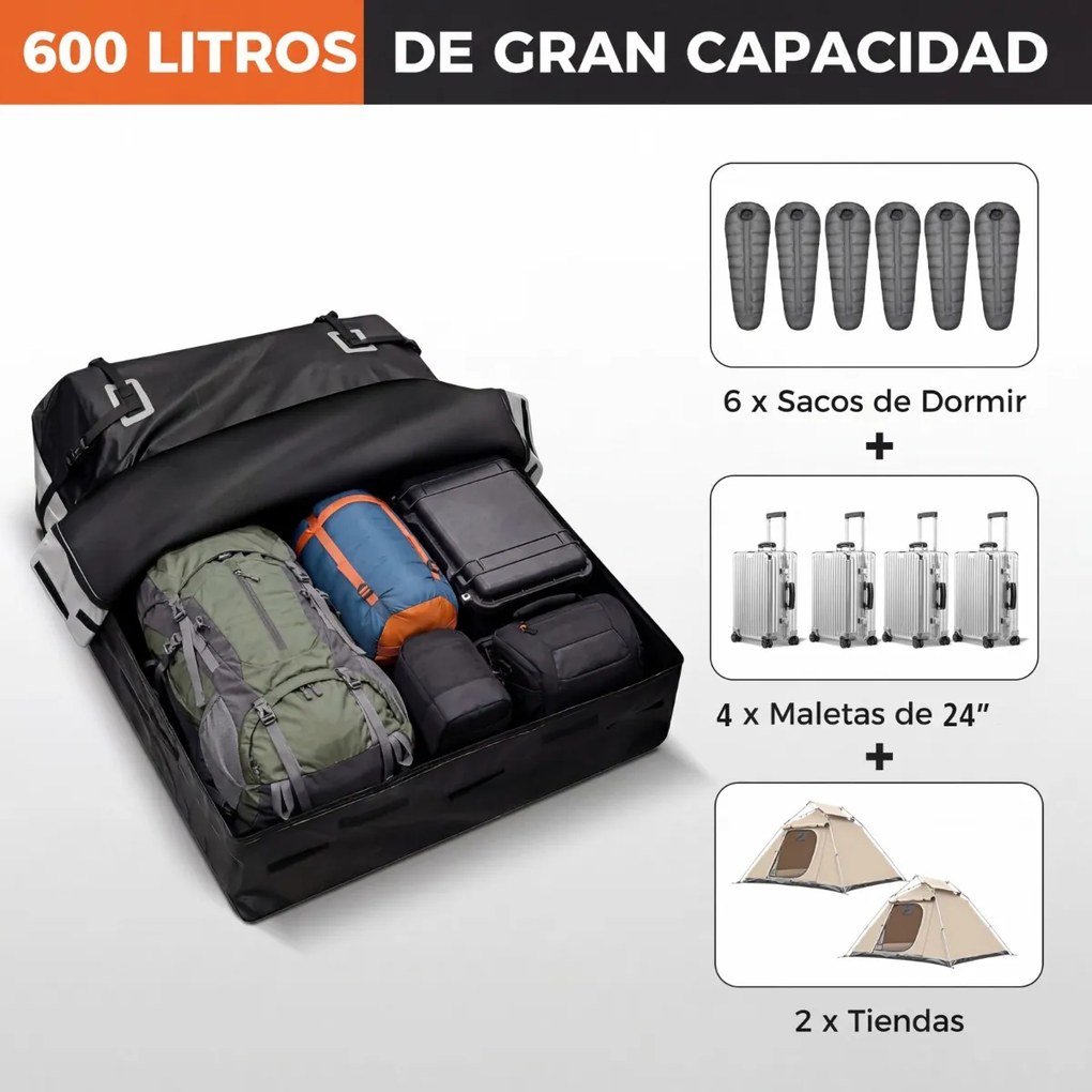 Mala de tejadilho universal para carro 131 x 101 x 45 cm, impermeável em PVC, 600 L, com 6 ganchos, 10 correias, faixas refletoras e saco de transport