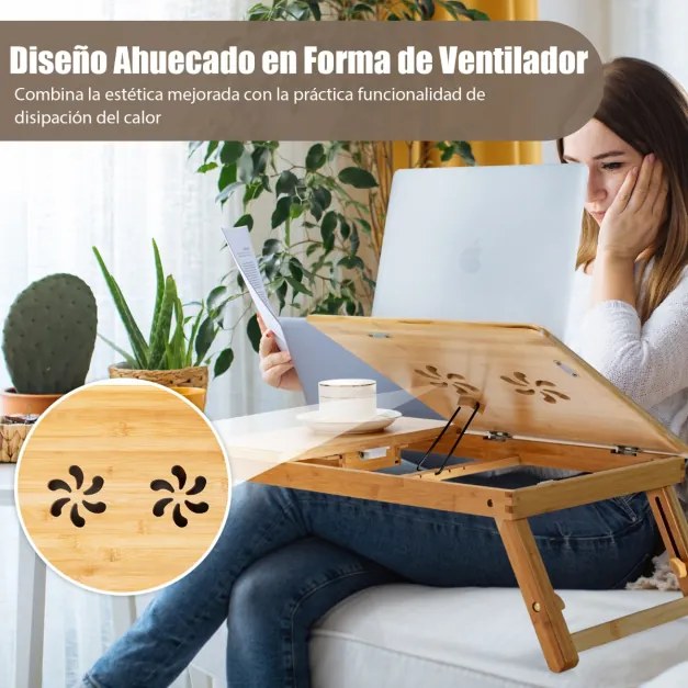 Mesa bandeja de bambu portátil com pernas ajustáveis dobrável para computador 53 x 33 x 20-26,5 cm natural