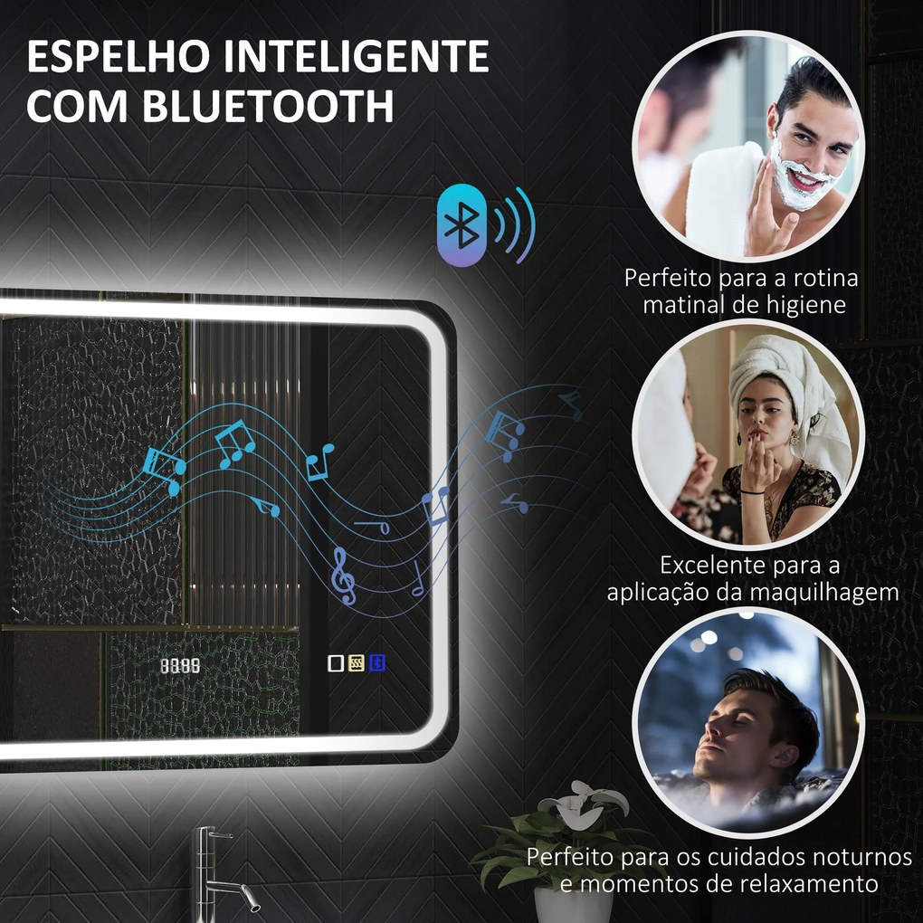 Espelho de Casa de Banho com Luz LED 70x50 cm Bluetooth 3 Cores de Luz Relógio Digital Função Antiembaciamento Memória Prata