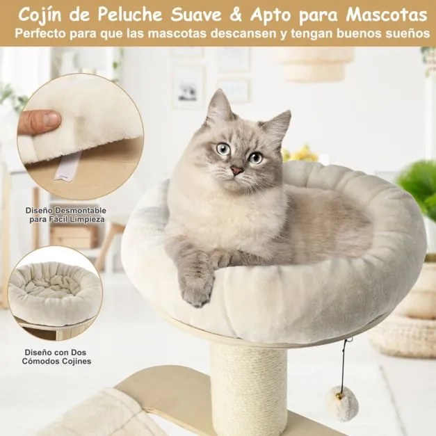 Arranhador para gatos com 4 postes de arranhar Plataforma de sisal Centro de actividades em pelúcia para gatos 75 x 56 x 174 cm Natural