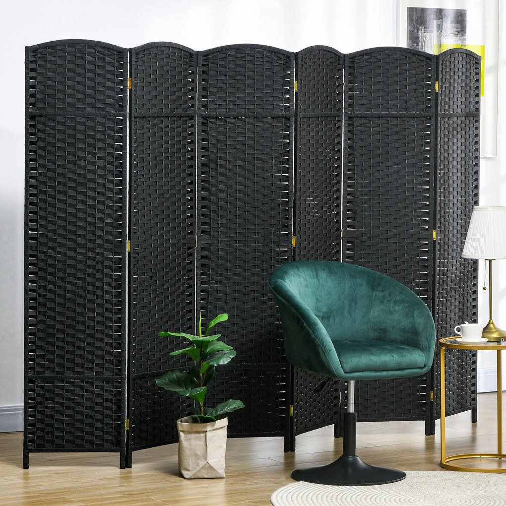 Biombo de interior em madeira com 6 painéis, 240 x 170 cm, divisória dobrável para a sala de estar e o quarto, preto