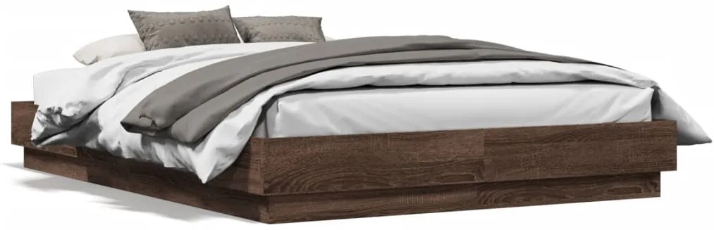 Estrutura de cama com luzes LED 135x190 cm carvalho castanho