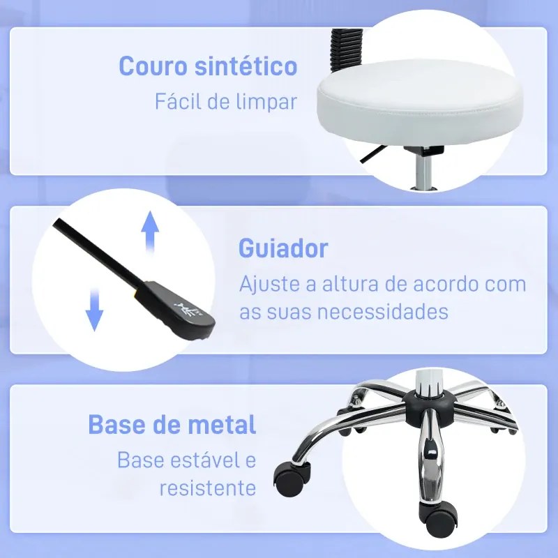 Banco Giratório com Rodas e Encosto Banco de Trabalho com Altura Ajustável 78-93 cm Estofado em Couro Sintético Branco