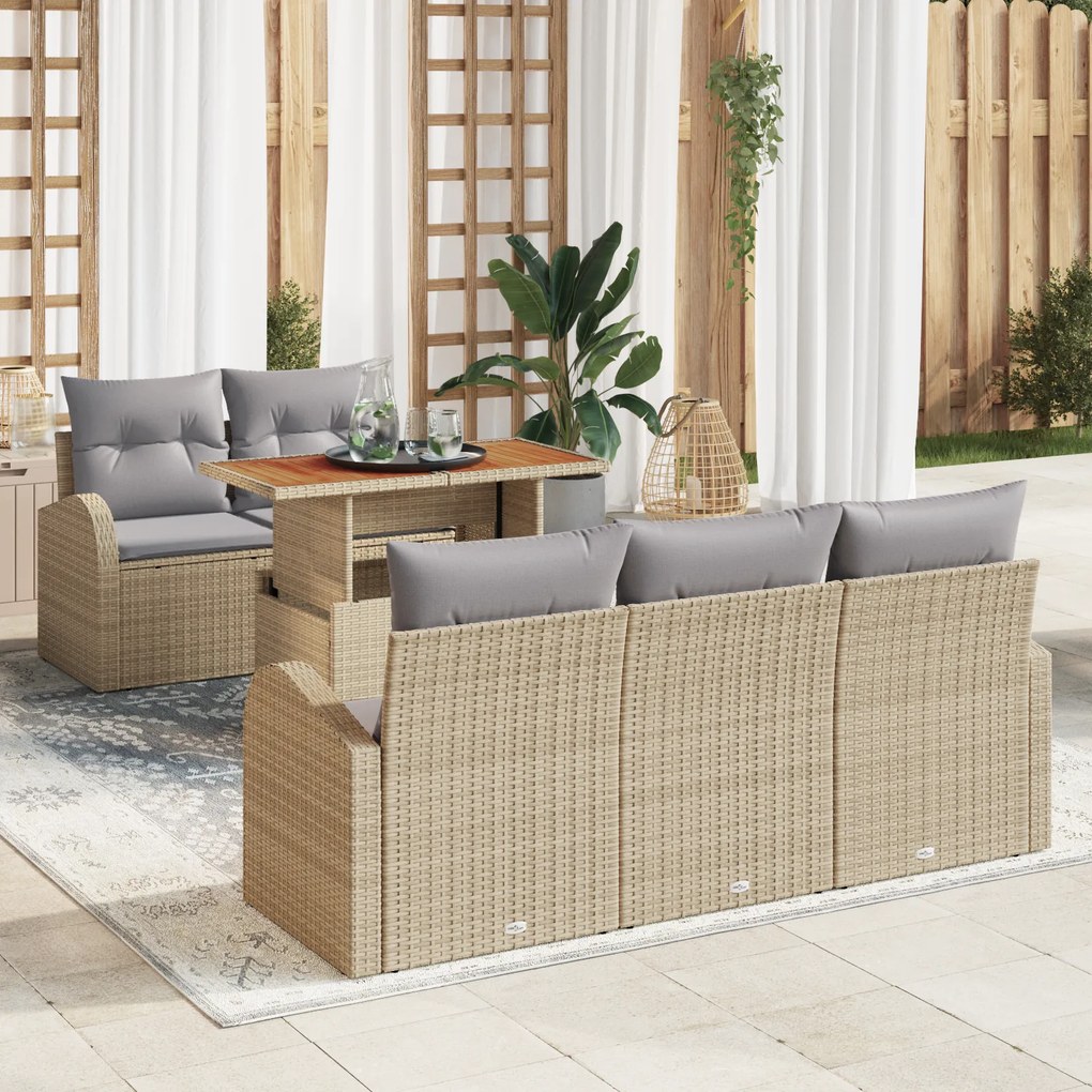 Conjunto de Sofá de Jardim VidaXL 6 Peças com Almofadas Bege Rattan Po