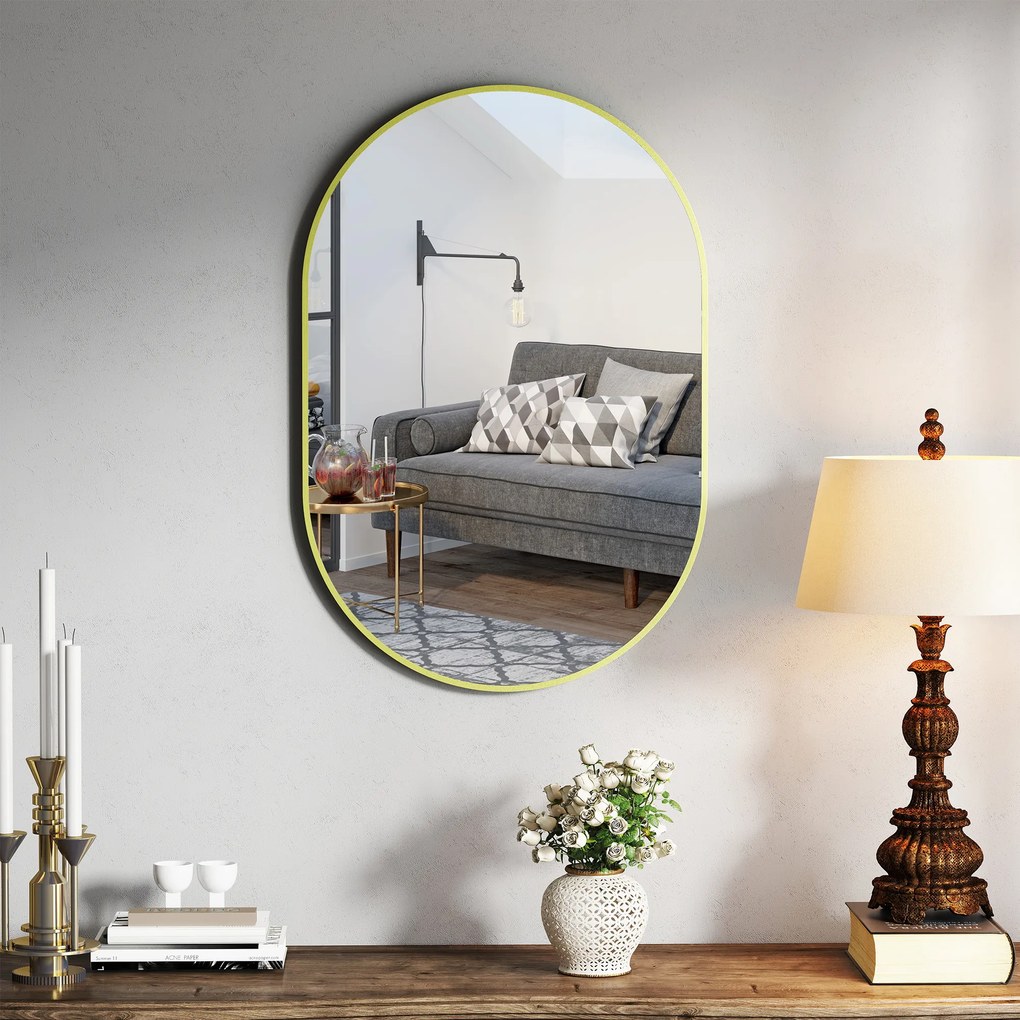 Espelho Casa de Banho 60x90 cm Espelho Decorativo de Parede com Estrutura de Alumínio Horizontal ou Vertical Dourado