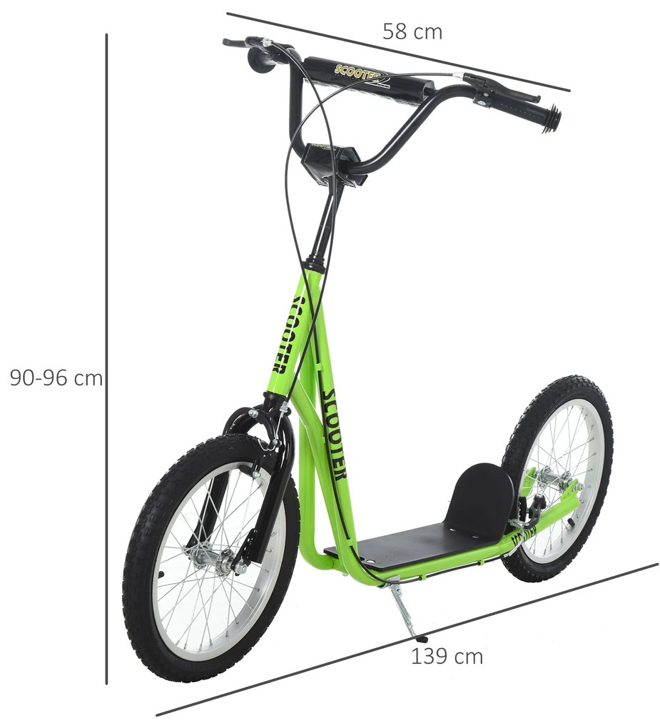 Trotinete com Guiador Ajustável 2 Pneus de Borracha Insufláveis com Travagem Dupla e Rodas 16" 139x58x90-96 cm Verde