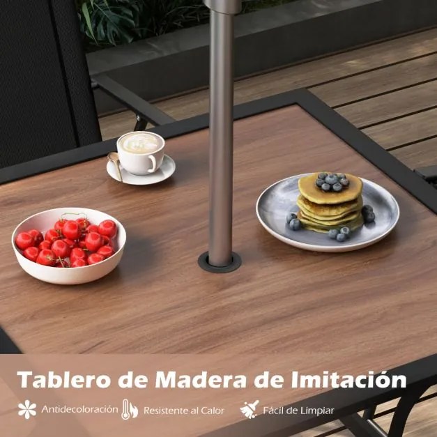 Mesa de jantar de jardim para 4 pessoas quadrada com orifício ajustável para guarda-sol e tampo de imitação madeira