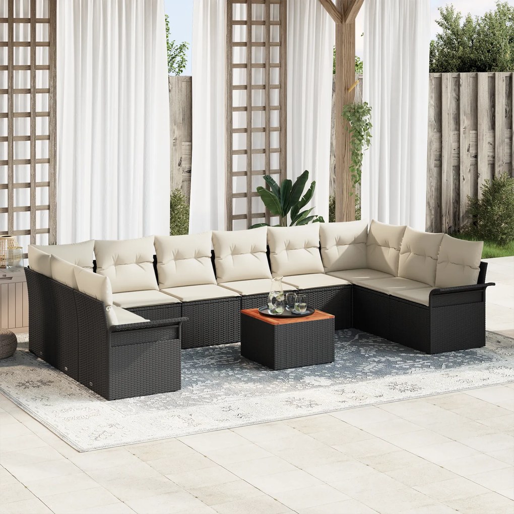 Conjunto de Sofá de Jardim vidaXL de 11 Peças com Almofadas Preto Poli