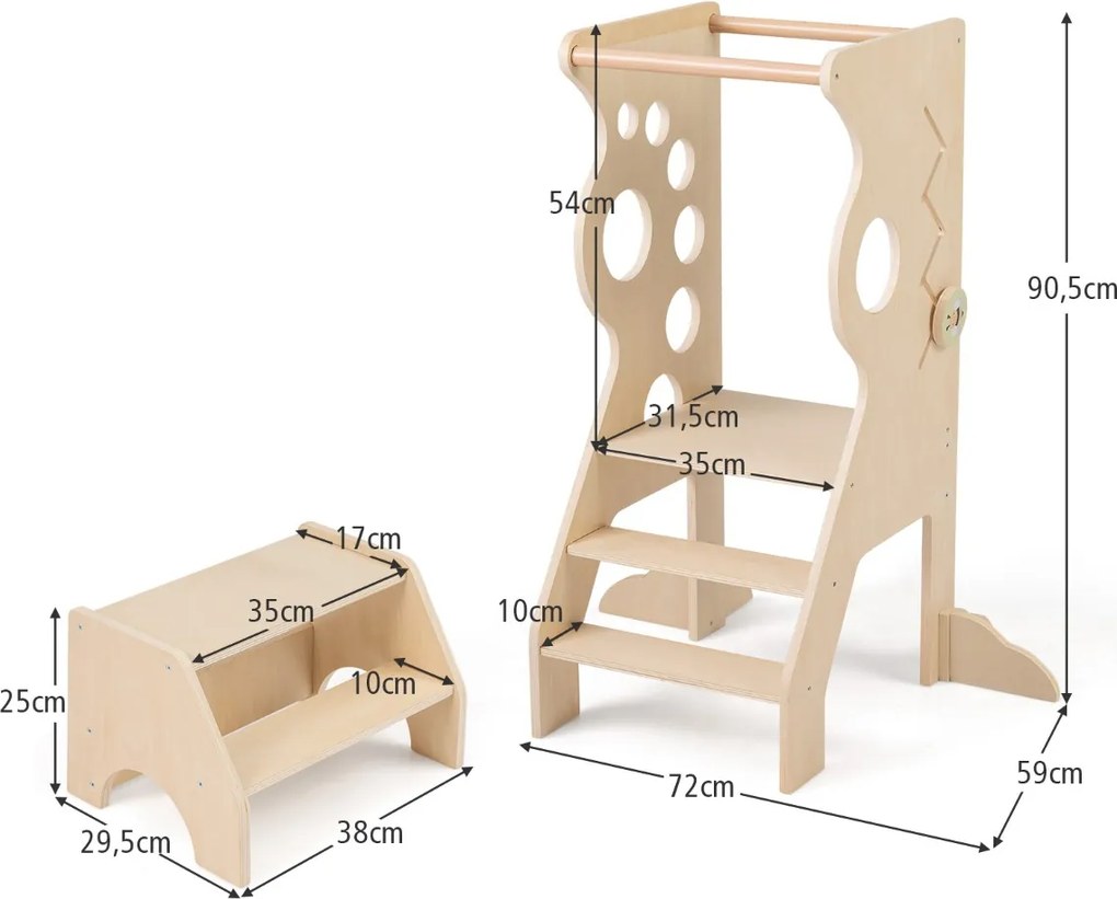 Banco de cozinha infantil 72 x 59 x 90,5 cm Torre de aprendizagem 2 em 1 com barras de segurança e 2 degraus para crianças +3 anos Natural