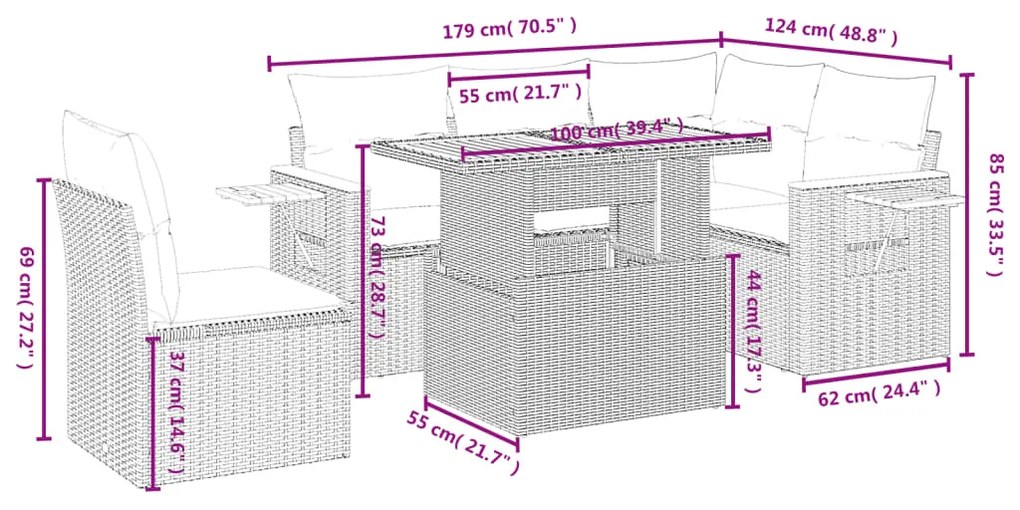 6 pcs conjunto sofás de jardim com almofadões vime cinzento