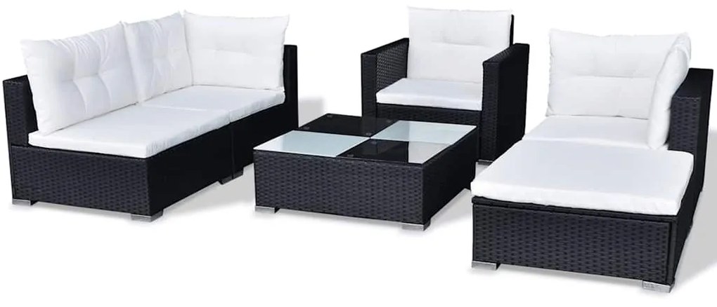 6 pcs conjunto lounge de jardim c/ almofadões vime PE preto