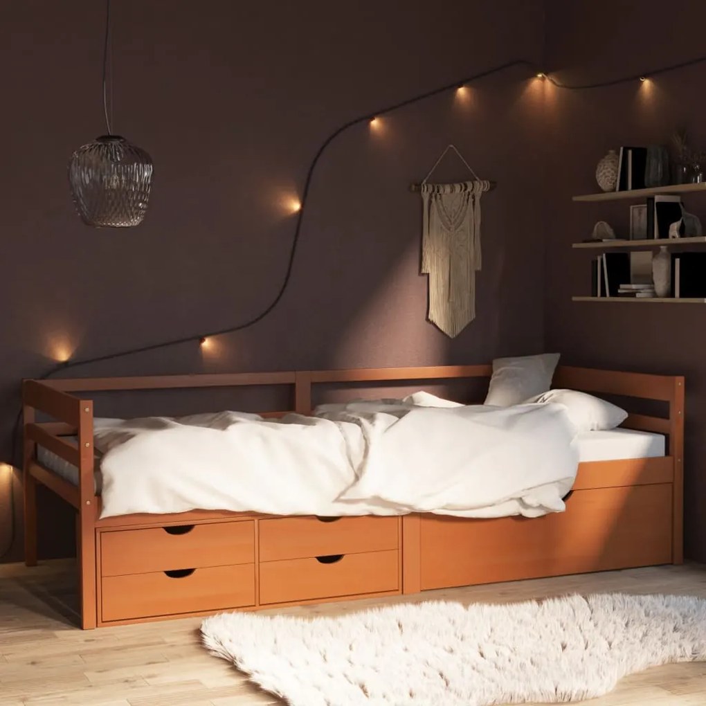 322058 vidaXL Cama com gavetas e móvel 90x200 cm pinho maciço castanho-mel
