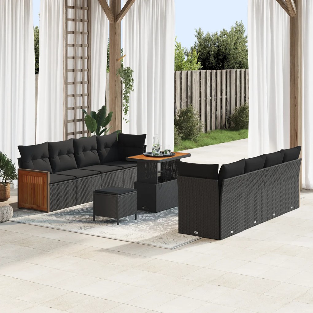 Conjunto de Sofá de Jardim vidaXL de 11 Peças com Almofadas Preto Rattan Sintético Acácia