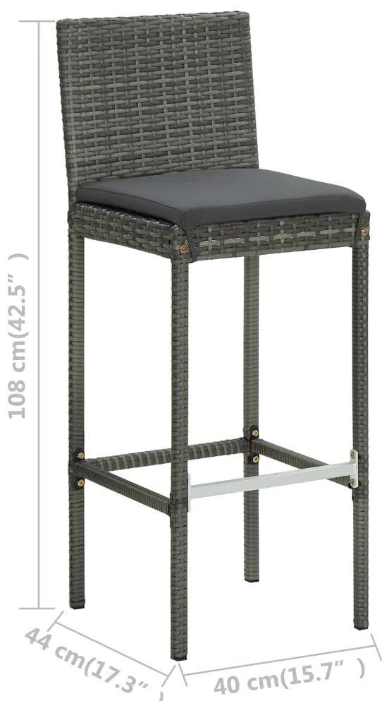 Bancos de bar p/ jardim com almofadões 4 pcs vime PE cinzento