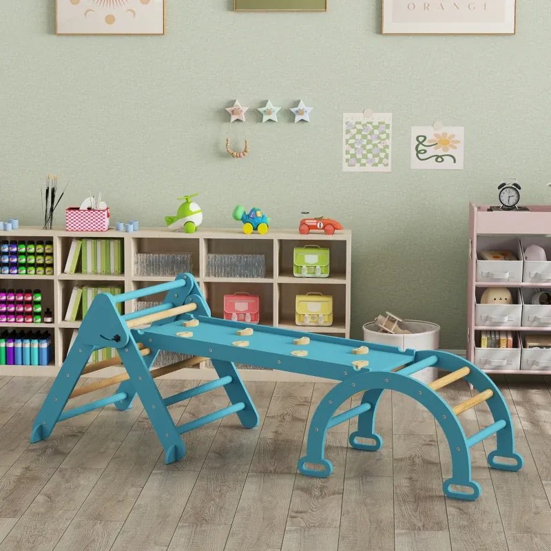 Triângulo de Escalada 7 em 1 com Arco e Rampa Escalada para Crianças de Madeira Dobrável para 18-48 Meses 188x70 cm Azul
