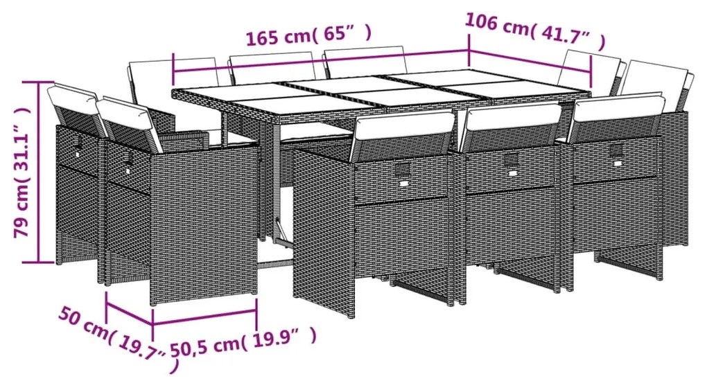 11 pcs conjunto de jantar p/ jardim com almofadões vime PE bege