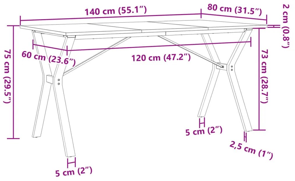 Mesa de jantar estrutura em Y 140x80x75cm pinho e aço