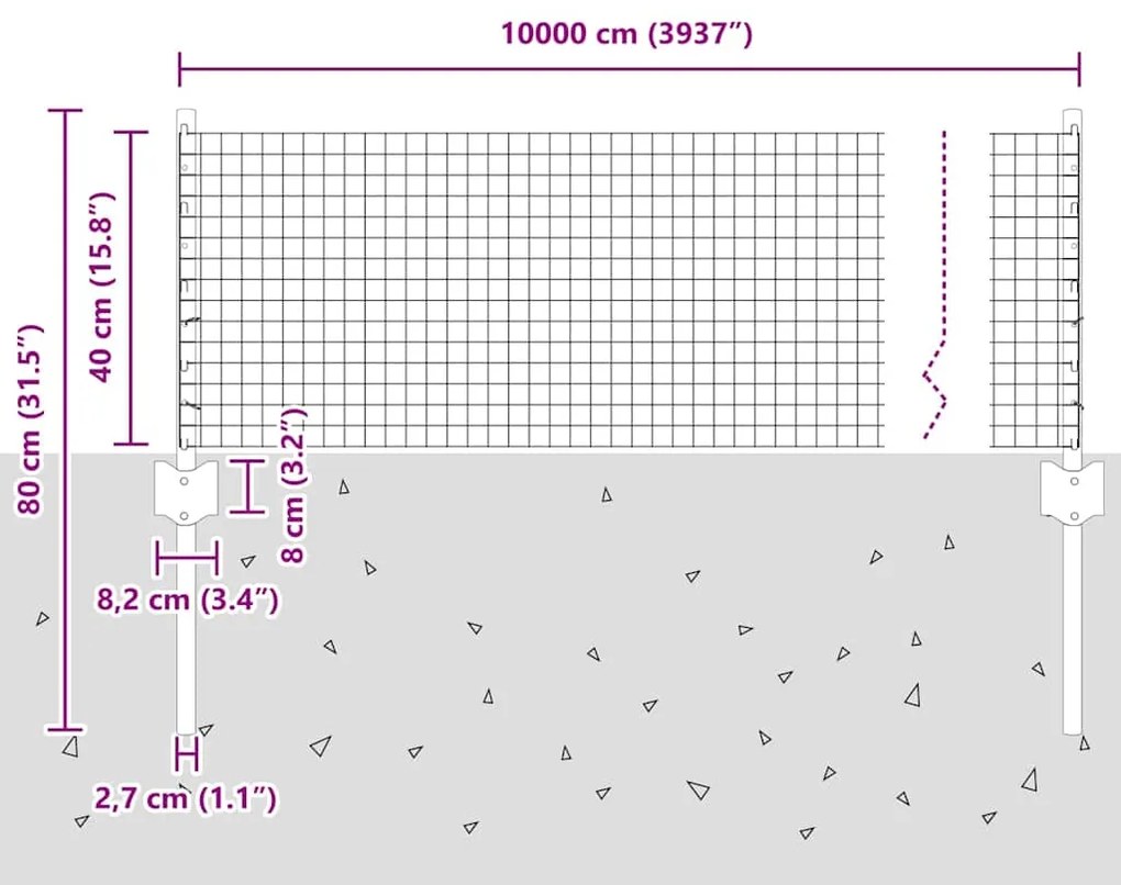 Cerca de Arame Soldado com 44 Postes U Cinza 0.4x100 m Aço