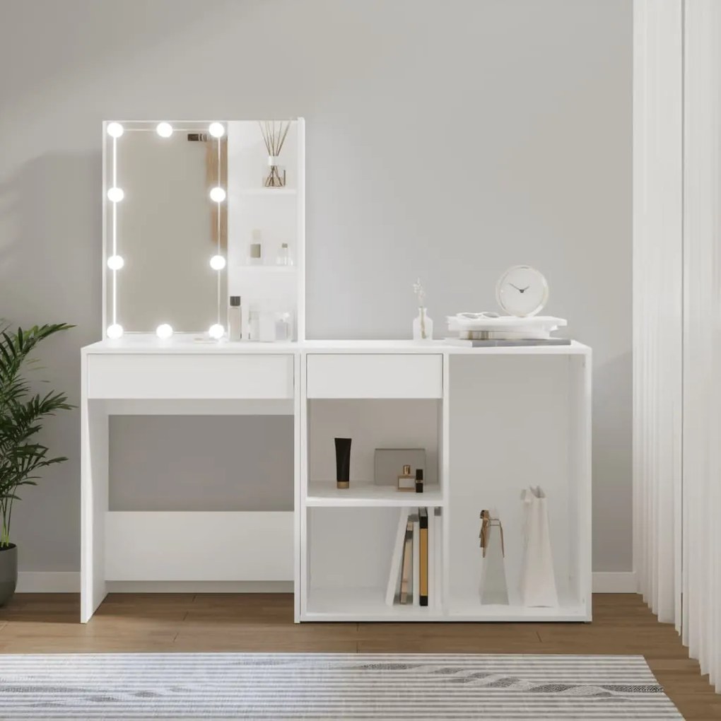 vidaXL Toucador com armário e luzes LED derivados de madeira branco