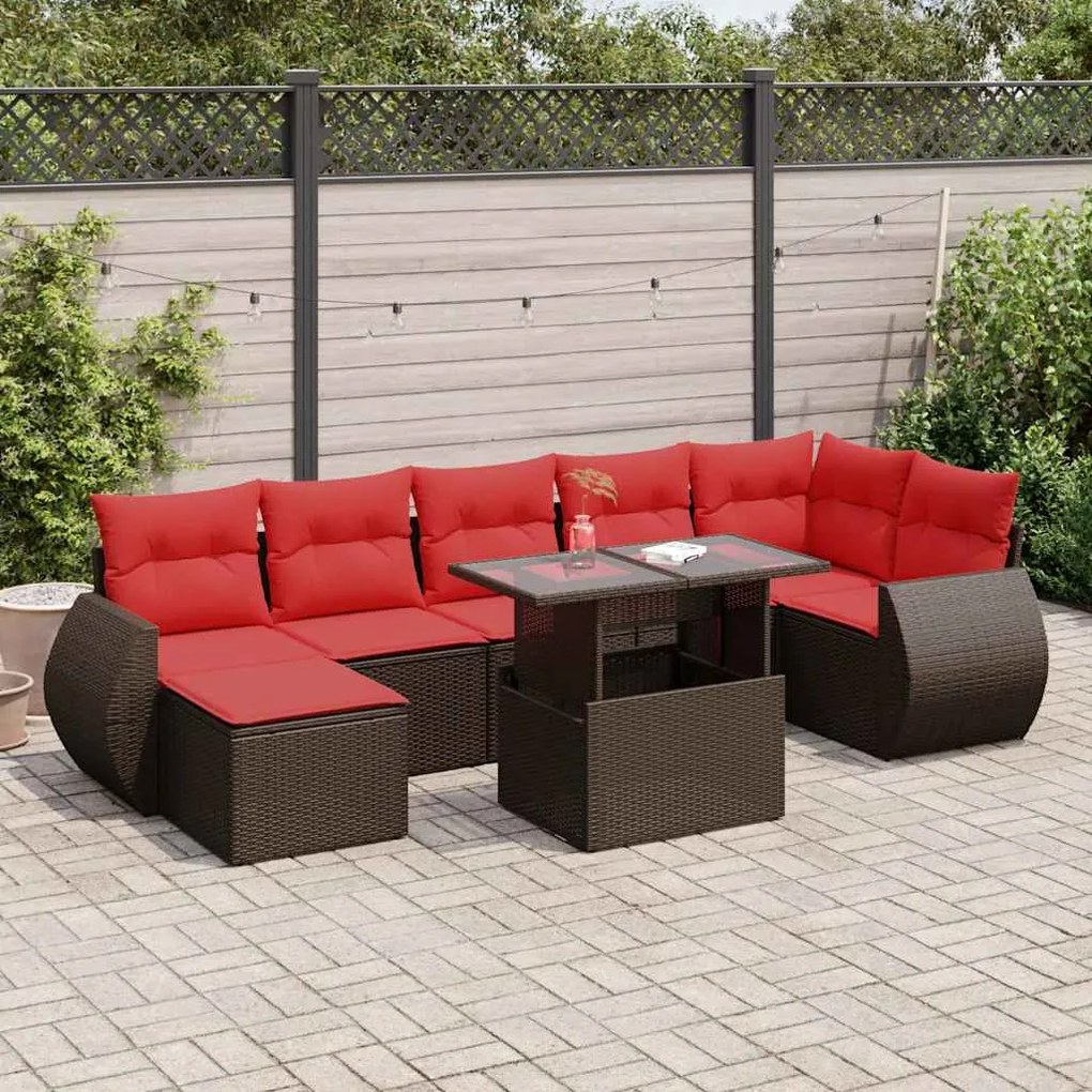 8 pcs conj. sofás jardim c/ almofadões vime PE/acácia castanho