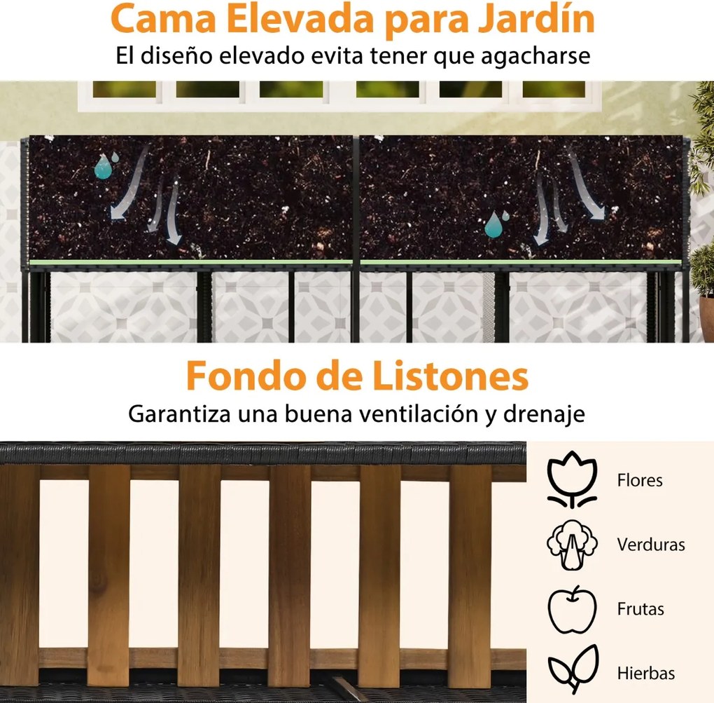 Conjunto de moveis jardim 150 x 70 x 73 cm com floreira de jardim elevada, mesa de rattan PE, cadeiras integradas e arrumação para pátio ou alpendre,