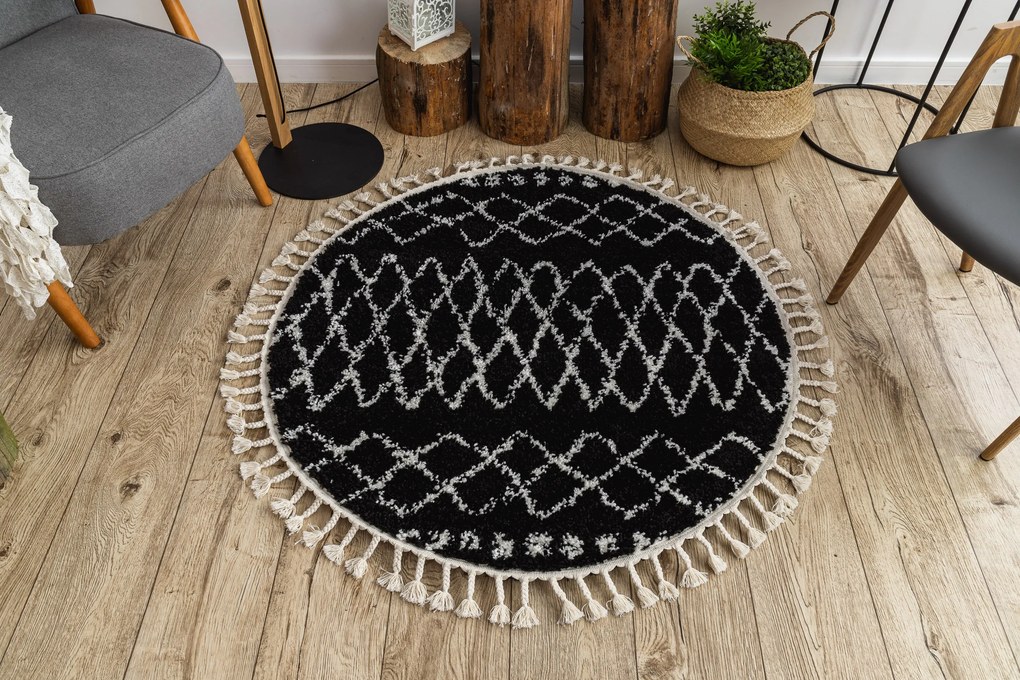 Tapete BERBER ETHNIC G3802 redondo preto/branco Franjas berbere marroquino shaggy