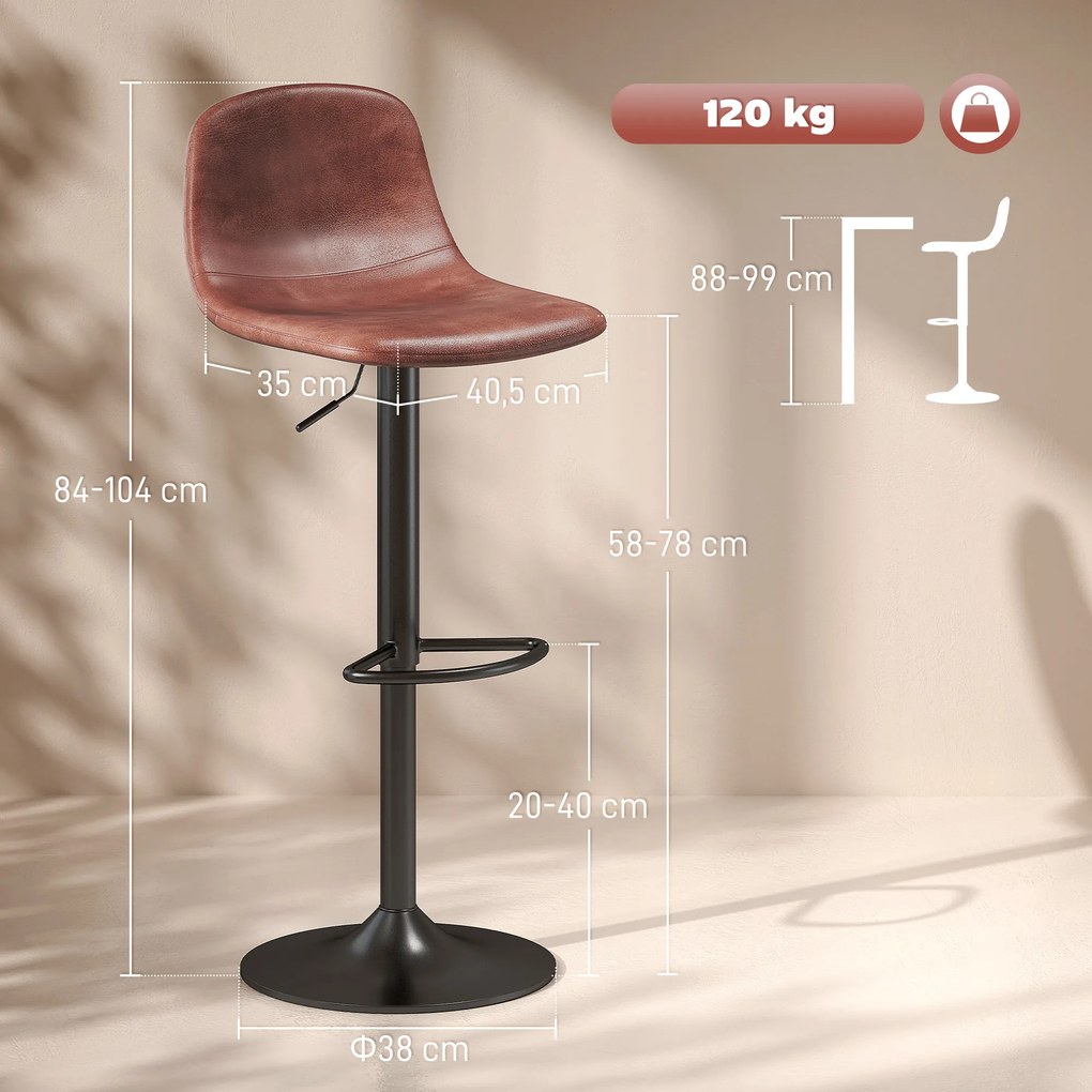 Conjunto 2 Bancos de Bar Reguláveis em Altura 84-104 cm com Encosto e Apoio para os Pés Estofadas em PU Giratórias em 360° Castanho