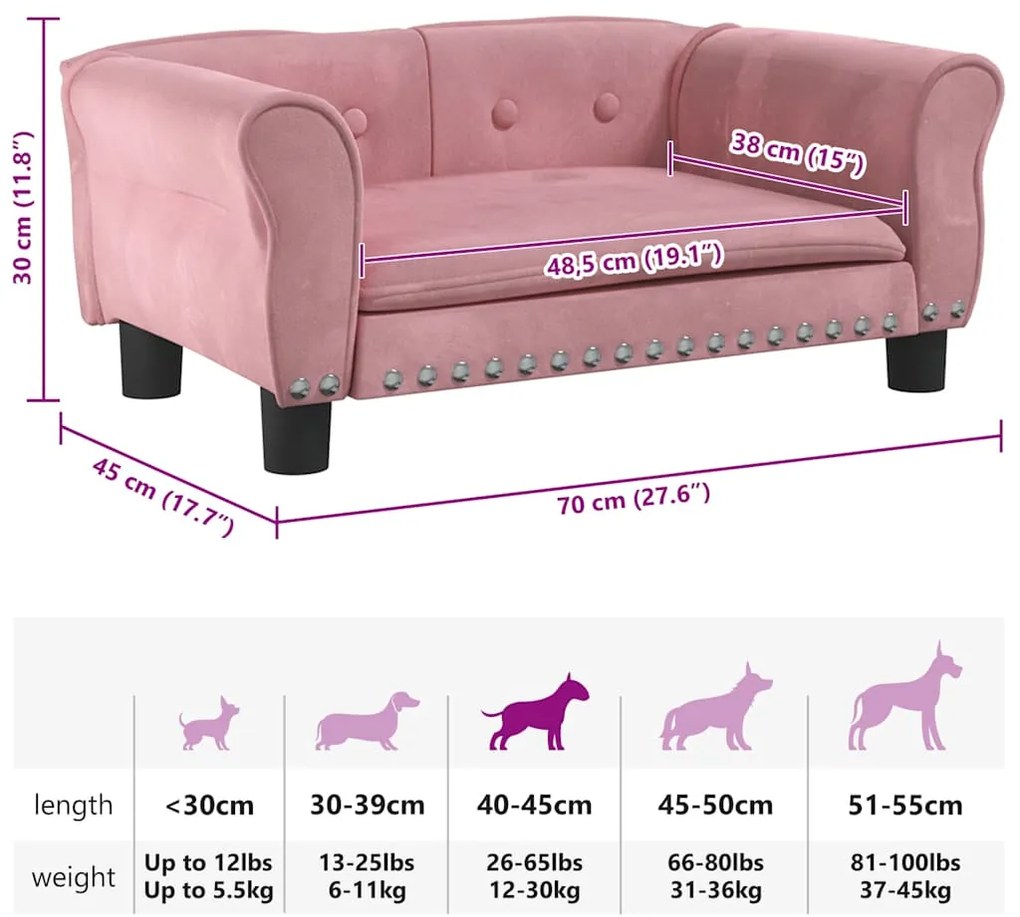 Cama para cães 70x45x30 cm veludo rosa