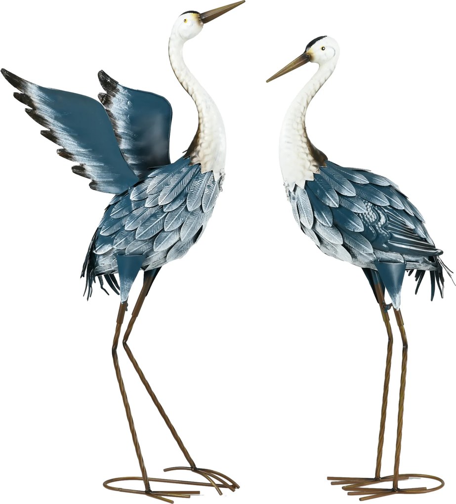 Conjunto de 2 estátuas de jardim para exterior, escultura de garça em aço para lago, pátio, terraço, relvado, 74/70 cm, multicoloridas
