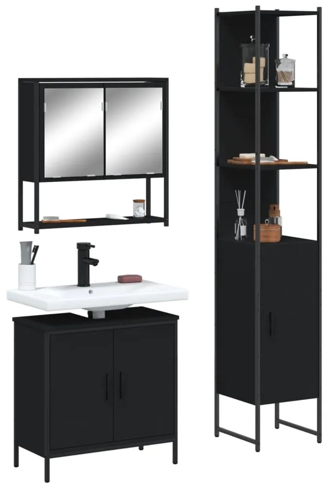 3 pcs conjunto móveis casa de banho derivados de madeira preto