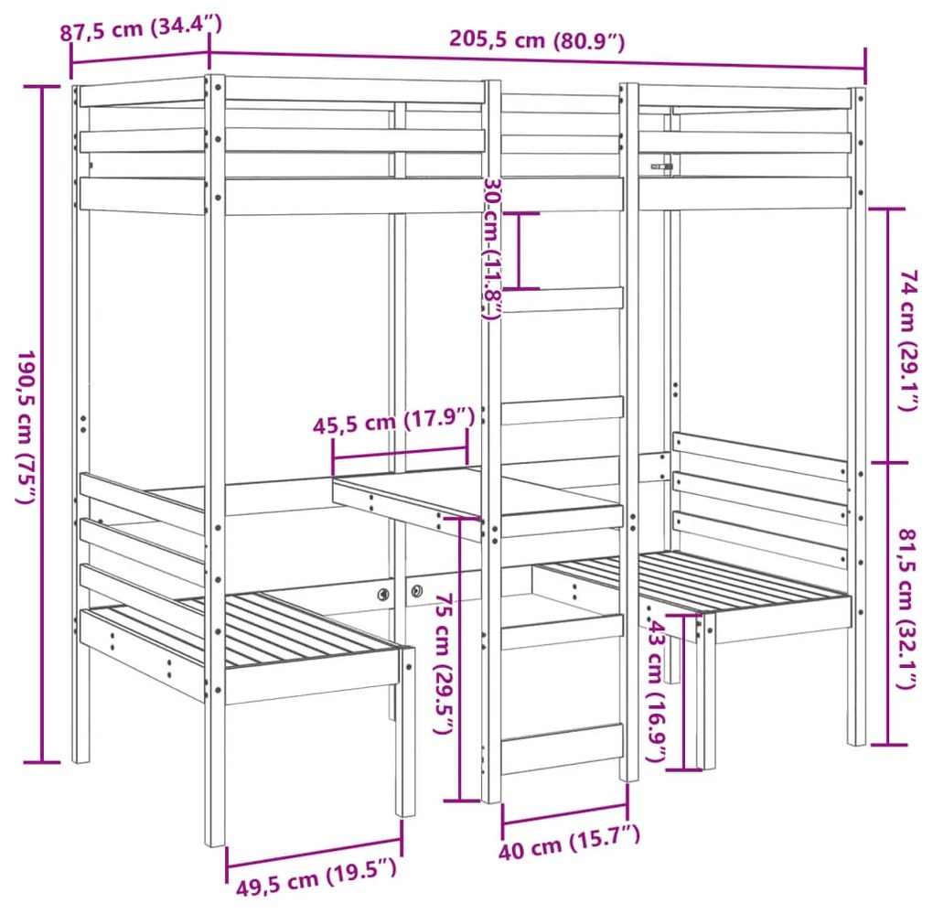 Cama alta c/ secretária/cadeiras 80x200 cm pinho maciço