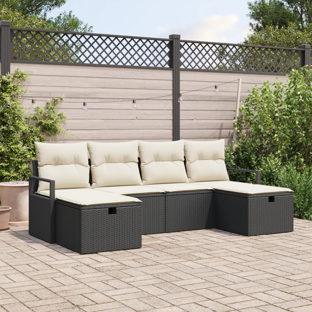 Conjunto de Sofá de Jardim de 6 Peças com Almofadas Preto Polirratã