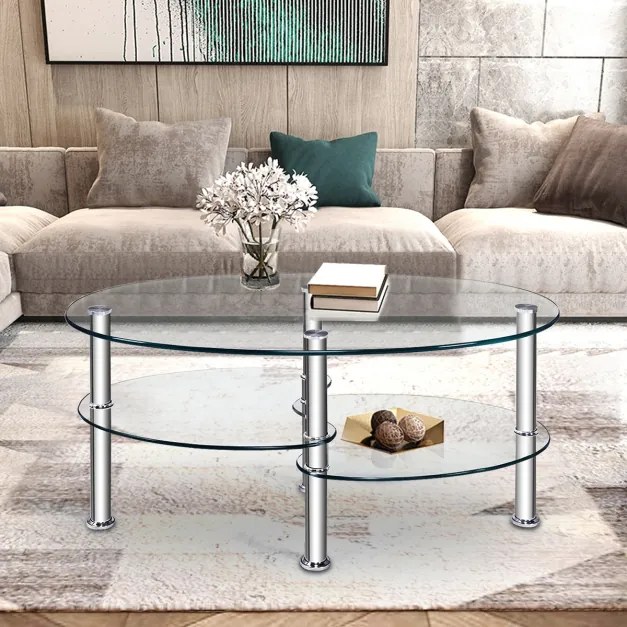 Mesa de centro para sala de jantar Mesa de centro para sala de estar Mesa de centro de vidro temperado com 3 camadas de arrumação 89 x 51 x 45,5 cm