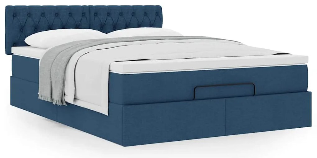 Estrutura de cama otomana com colchão tecido azul 140x200cm