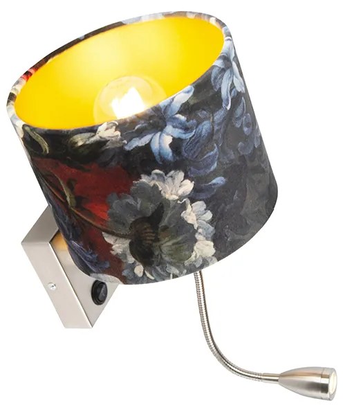 Candeeiro de parede em aço com abajur de veludo flores com dourado - Brescia Moderno