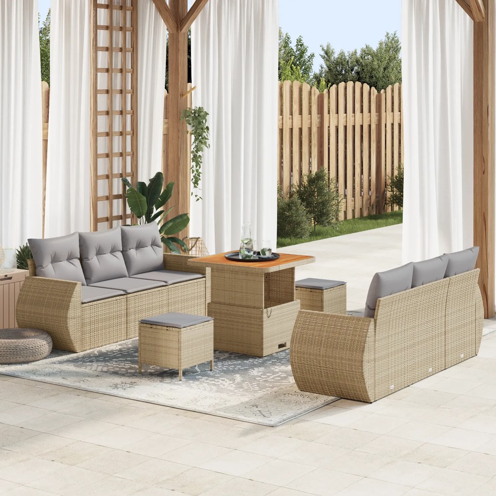 Conjunto de Sofá de Jardim de 9 Peças com Almofadas Bejes Rattan Polié
