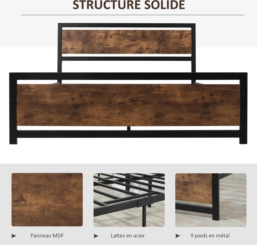 Estrutura de cama de casal em aço com base de cama e cabeceira, compatível com colchões de 190 x 140 cm (NÃO INCLUÍDO), com acabamento em madeira escu