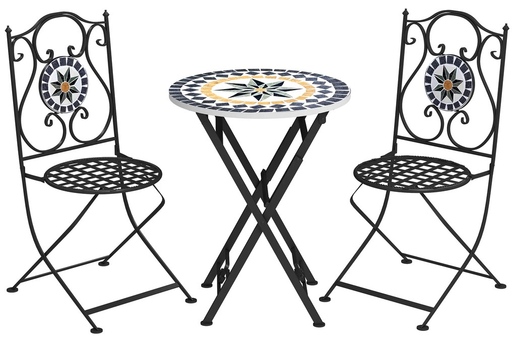 Outsunny Conjunto Jardim 3 Peças Mesa Redonda Cadeiras Dobráveis Desenho Mosaico Varanda Pátio Exterior Multicor | Aosom Portugal