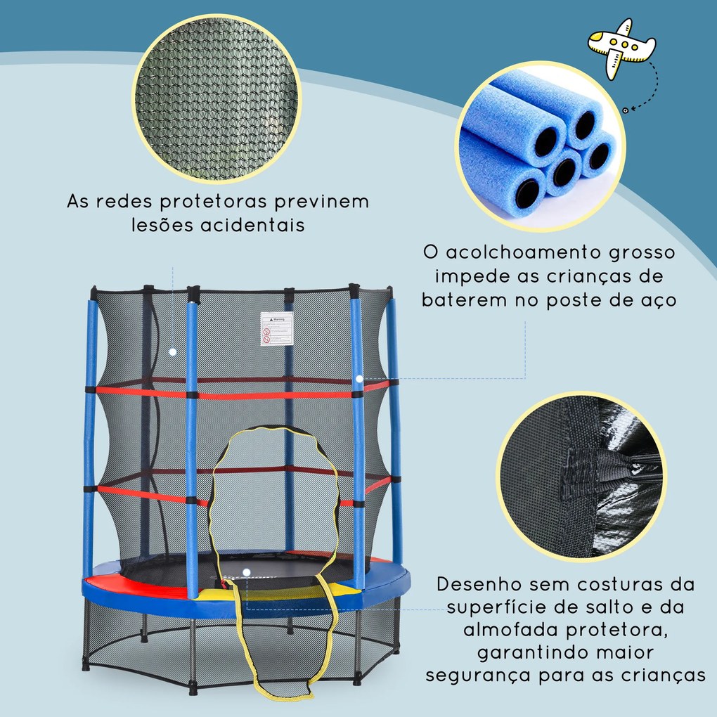 HOMCOM Trampolim Infantil Ø107 cm Trampolim para Crianças de 3-6 Anos com Rede de Segurança Carga 45 kg para Interior Ø140x160 cm Azul