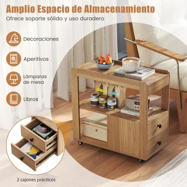 Mesa Lateral para Sofá ou Mesa de Cabeceira 65 x 30 x 62 cm com 2 Gavetas e Prateleiras Abertas com Rodas para Sala Natural