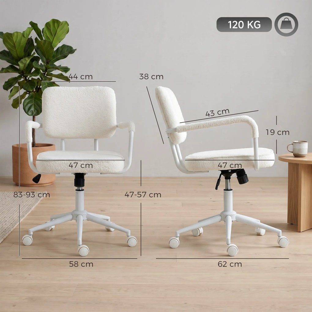 Cadeira de escritório ergonómica, cadeira de escritório em tecido bouclé com altura ajustável, função de balanço, creme