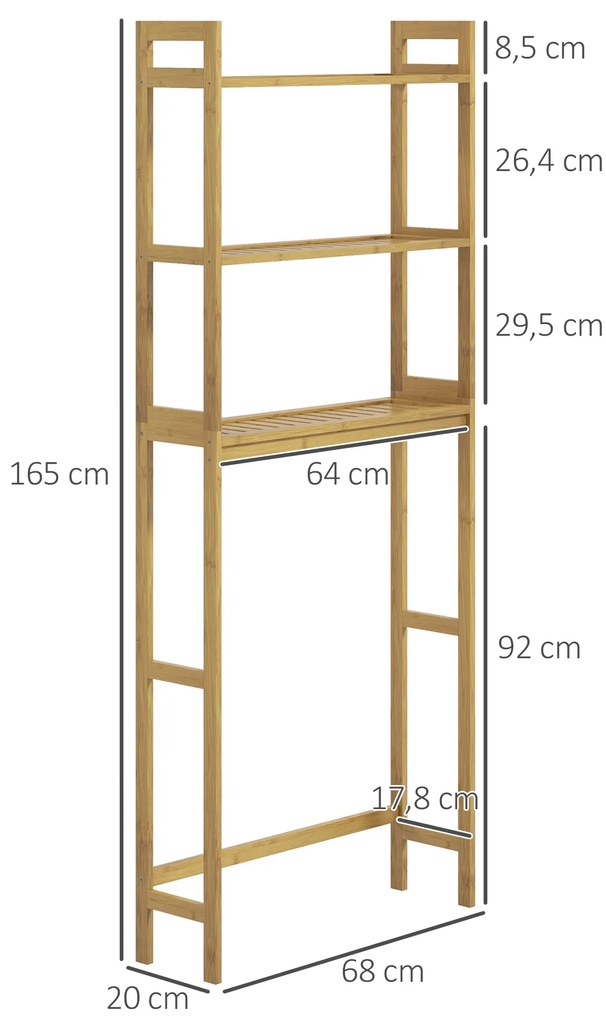 Estante sobre Sanita de Bambu com 3 Prateleiras Pés com Almofadas Antiderrapantes e Anti-Tombo 68x20x135 cm Madeira
