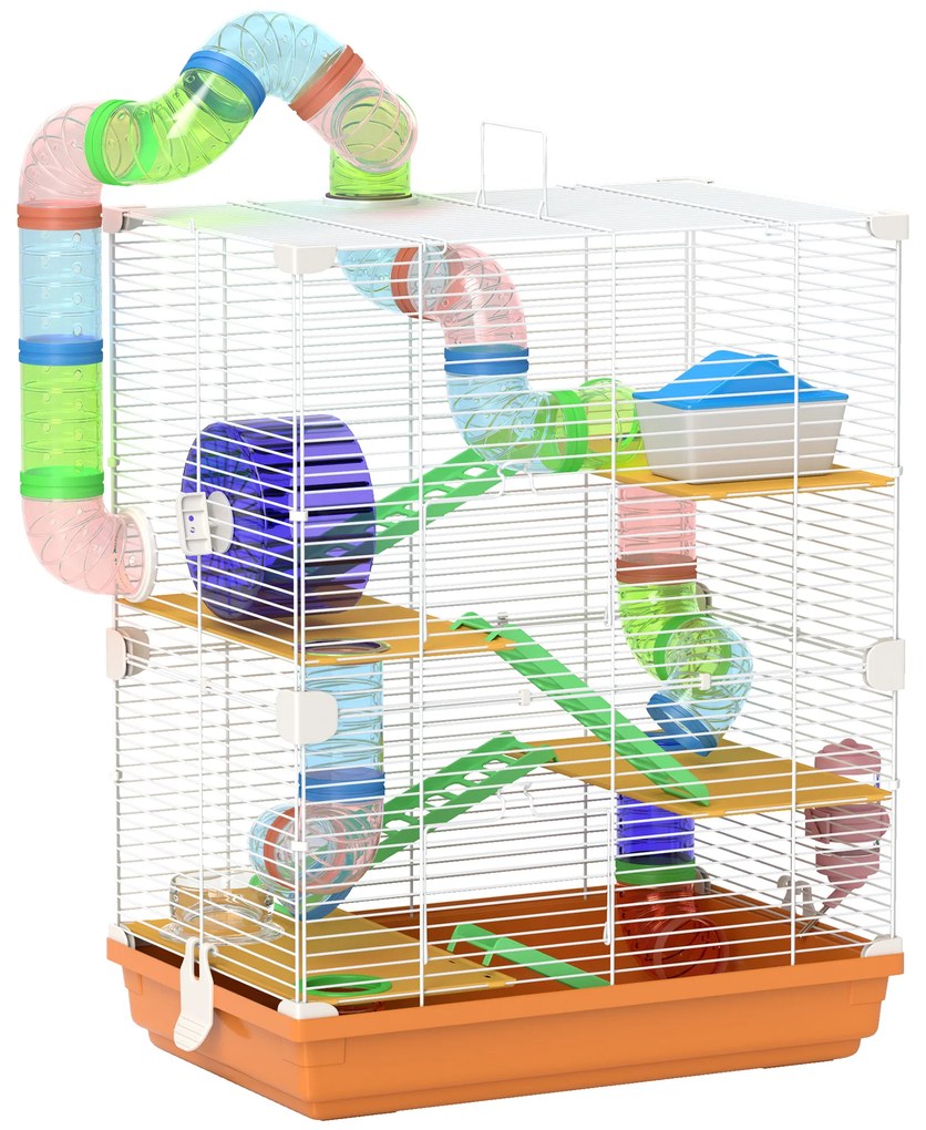 PawHut Gaiola para Hamster Gaiola para Pequenos Roedores com Túnel Comedouro Bebedouro Casa Rampas e Roda 46x30x58 cm Laranja | Aosom Portugal