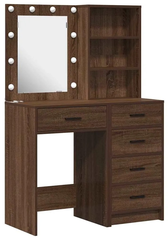 Conjunto de Mesa de Maquilhagem de 2 Peças com LED em Madeira de Carva