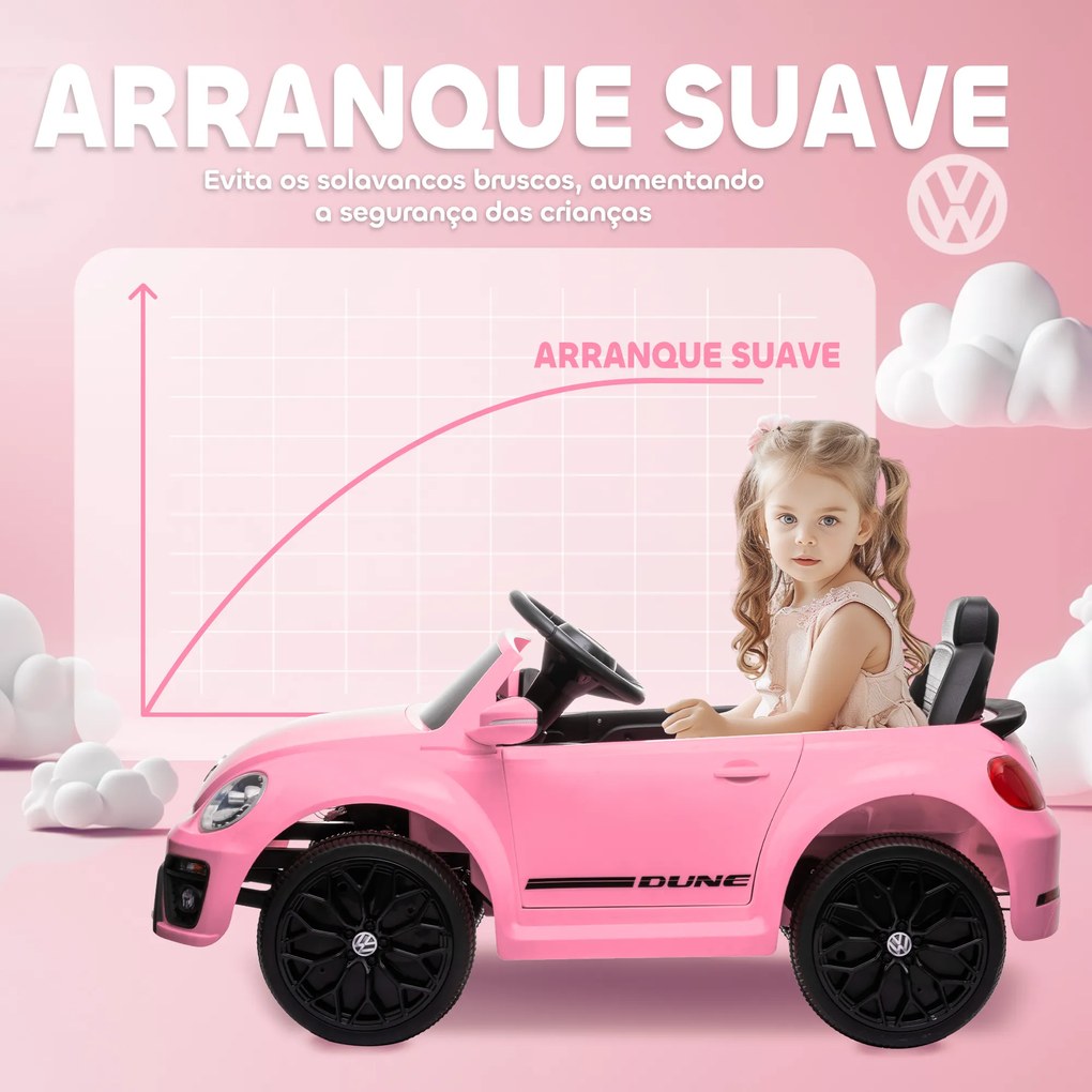 Carro Elétrico para Crianças Carro Elétrico Infantil Volkswagen Beetle com Bateria 12V Faróis Buzina e Música 97x56,5x46 cm Rosa