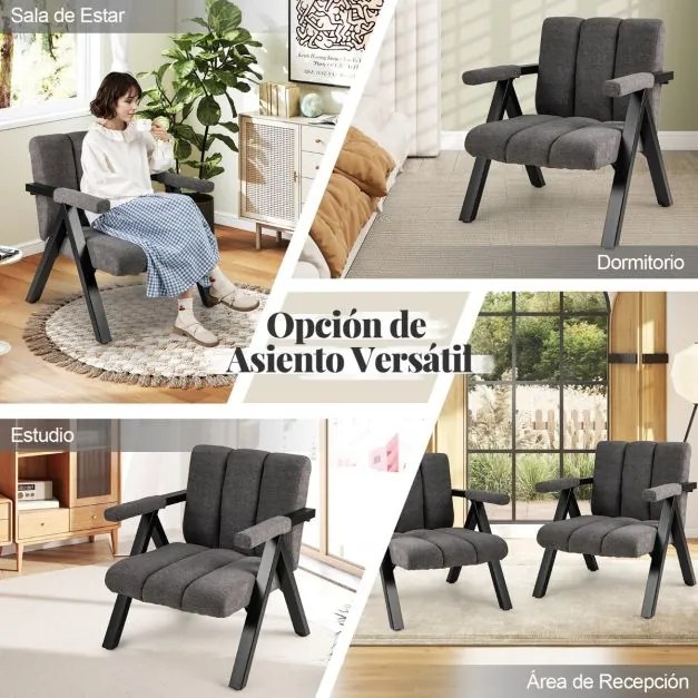Poltrona lounge acolchoada com braços e estrutura em metal moderna Cinza + Preto