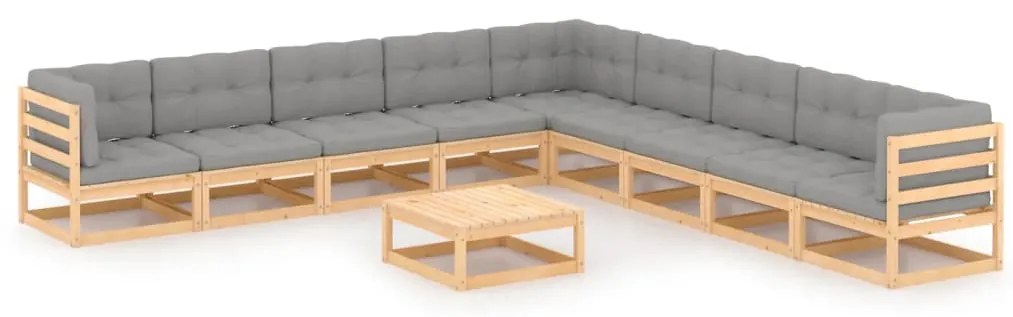 10 pcs conjunto lounge de jardim c/ almofadões pinho maciço